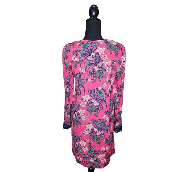 Maeve by Anthropologie Shift Dress Pink Floral Bird Print Long Sleeve Size 4 - Picture 3 of 11